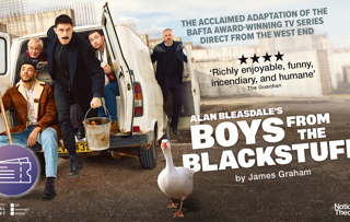 Four men hanging out of the doors of a white van, one carries a silver bucket, one a rake. A goose poses next to the words 'Boys from the Black Stuff by James Graham'.